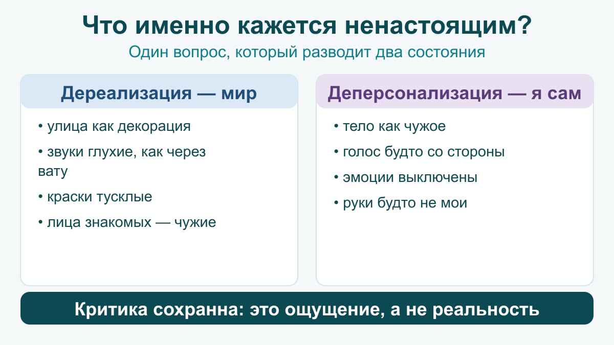 Схема из двух колонок: дереализация — мир как декорация, глухие звуки, тусклые краски; деперсонализация — тело чужое, голос со стороны, эмоции выключены
